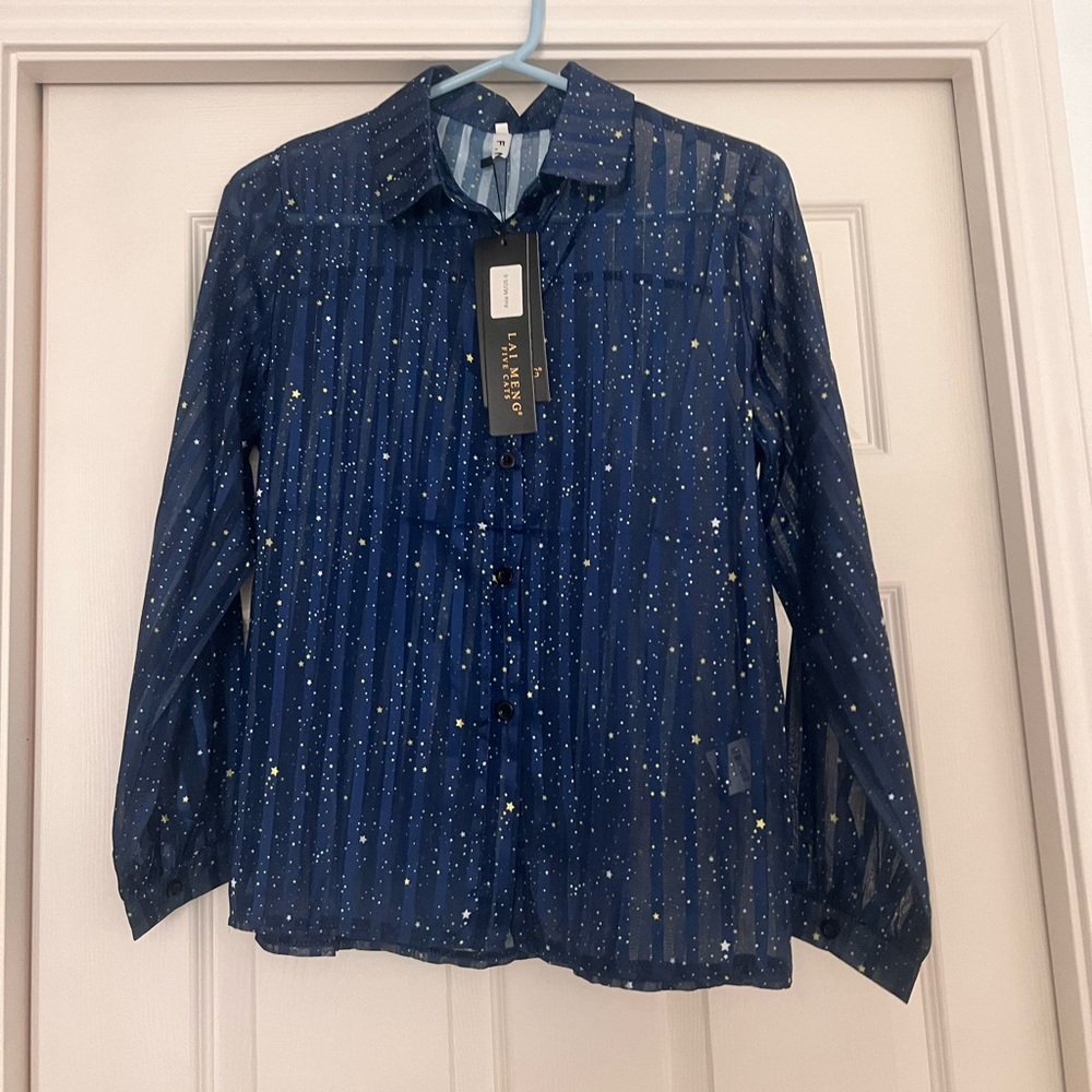 New women long sleeve button down shirt blue soft